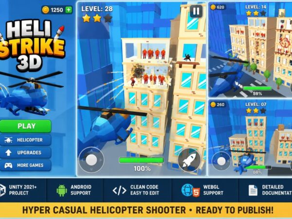 Heli Strike 3D Unity Source Code | Hyper Casual Helicopter Shooter Template | Android &Amp; Webgl