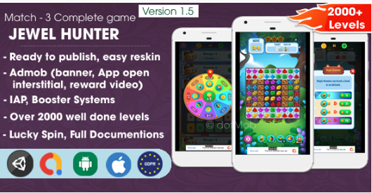 Pocketfriendlycode 9 Jewel Hunter Unity Match-3 Puzzle Game Source Code With Admob Integration