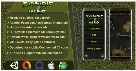 Pocketfriendlycode 2 Zombie War Battle Fight 2D Unity Shooter Game Source Code With Admob And Iap